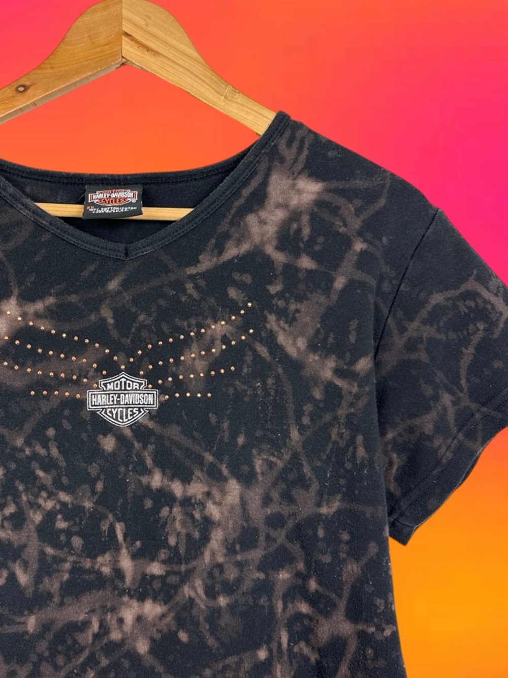 Harley Davidson Rhinestone Upcycled Tie Dye V Neck Short Sleeve Graphic T-Shirt